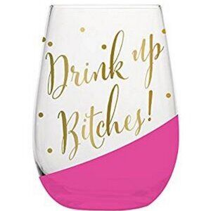 Drink Up Bitches Large Pink and Gold 20 oz. Stemless Wine Glass